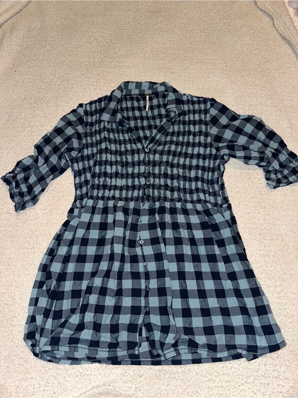 Free People Black and Teal Plaid Smocked Button-Up Top